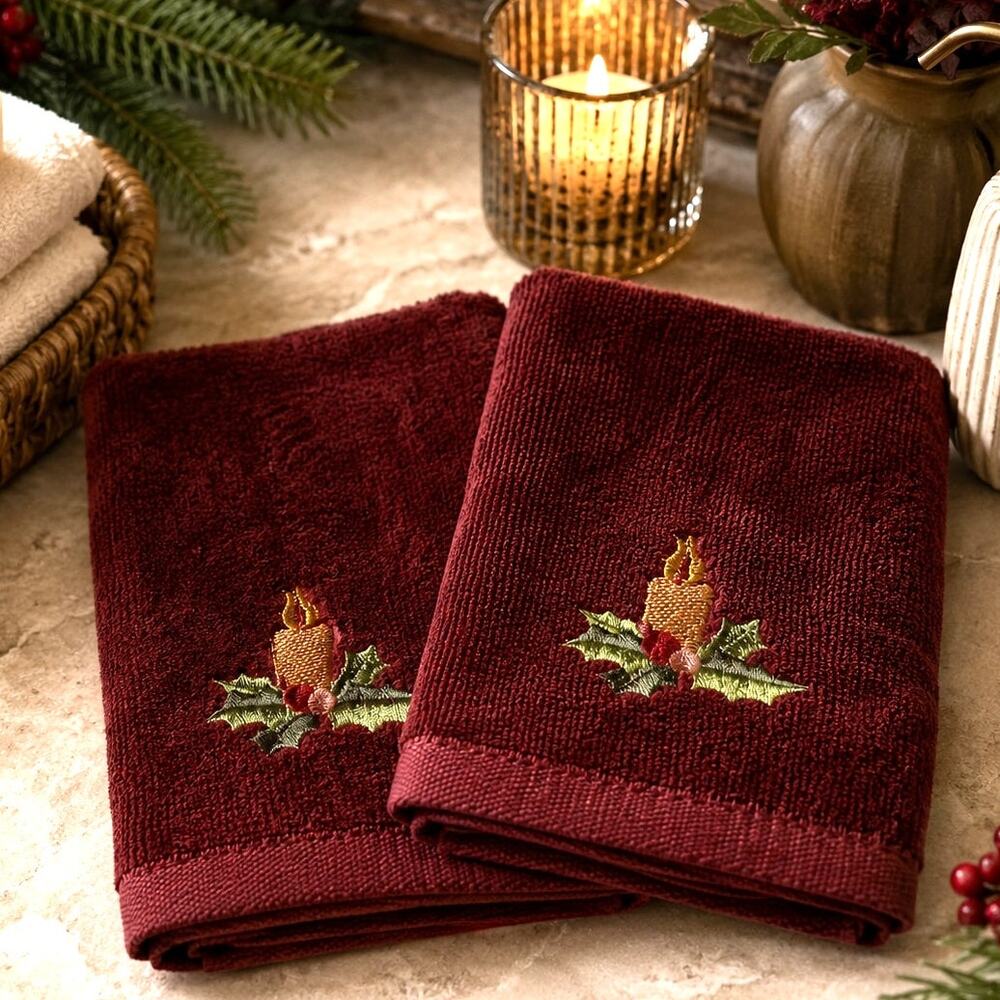 🕯️🎄Vintage Embroidered Christmas Brown Holiday Washcloth Set Candle Holly 12"